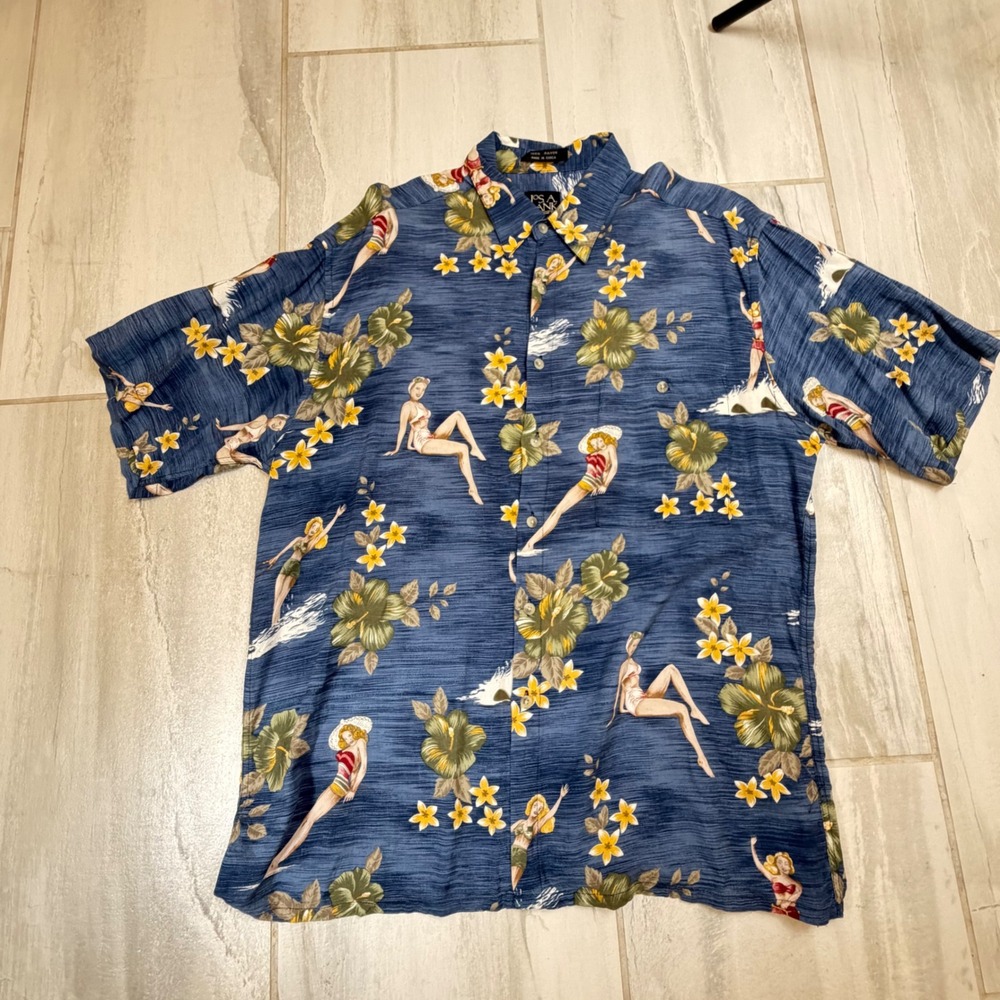 Jos. A. Bank Mens Large Rayon Hawaiian Shirt Pinup Girl‎ Tropical Floral Blue